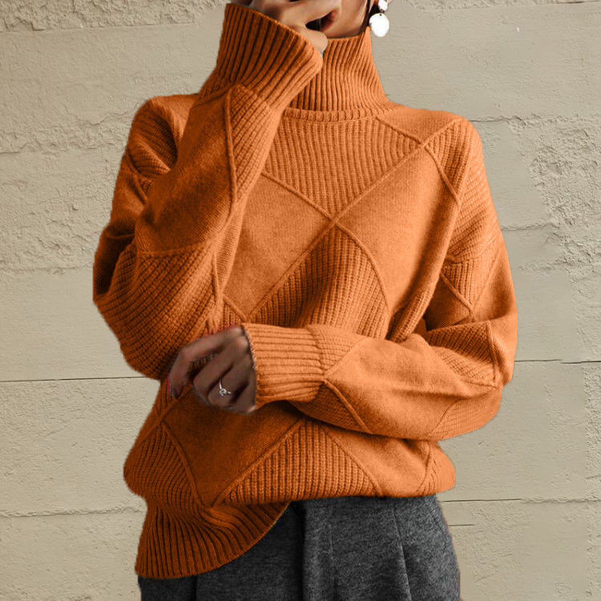 Geometric Turtleneck Long Sleeve Sweater - Godess Beauty  #