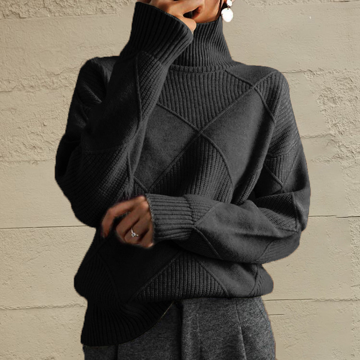 Geometric Turtleneck Long Sleeve Sweater - Godess Beauty  #