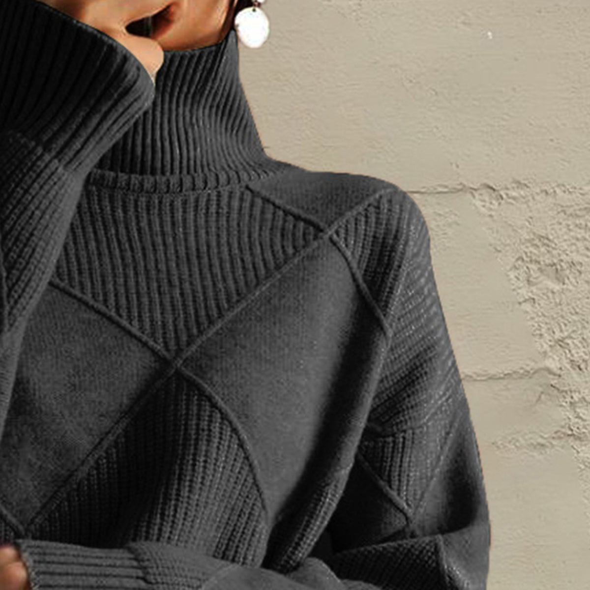 Geometric Turtleneck Long Sleeve Sweater - Godess Beauty  #