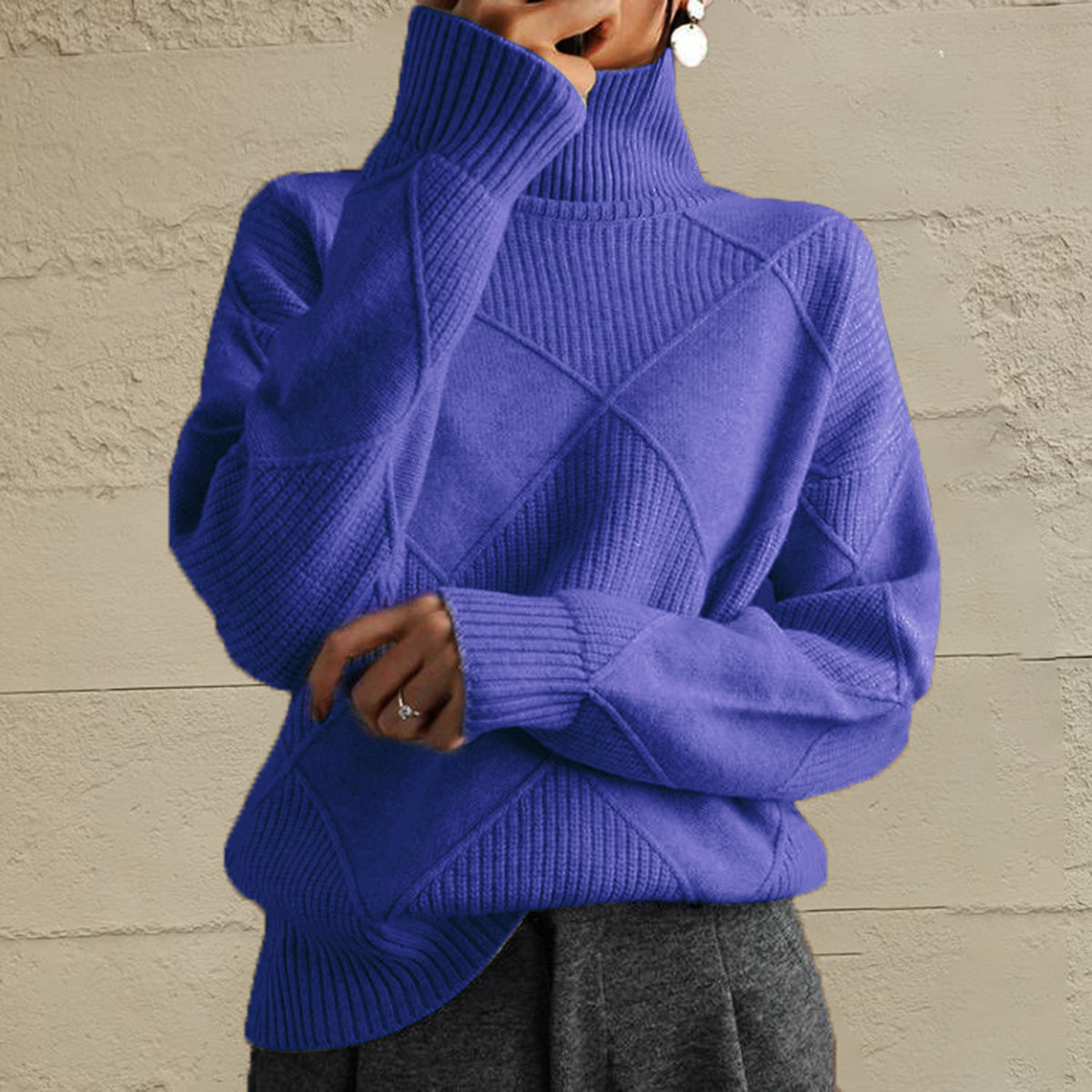 Geometric Turtleneck Long Sleeve Sweater - Godess Beauty  #