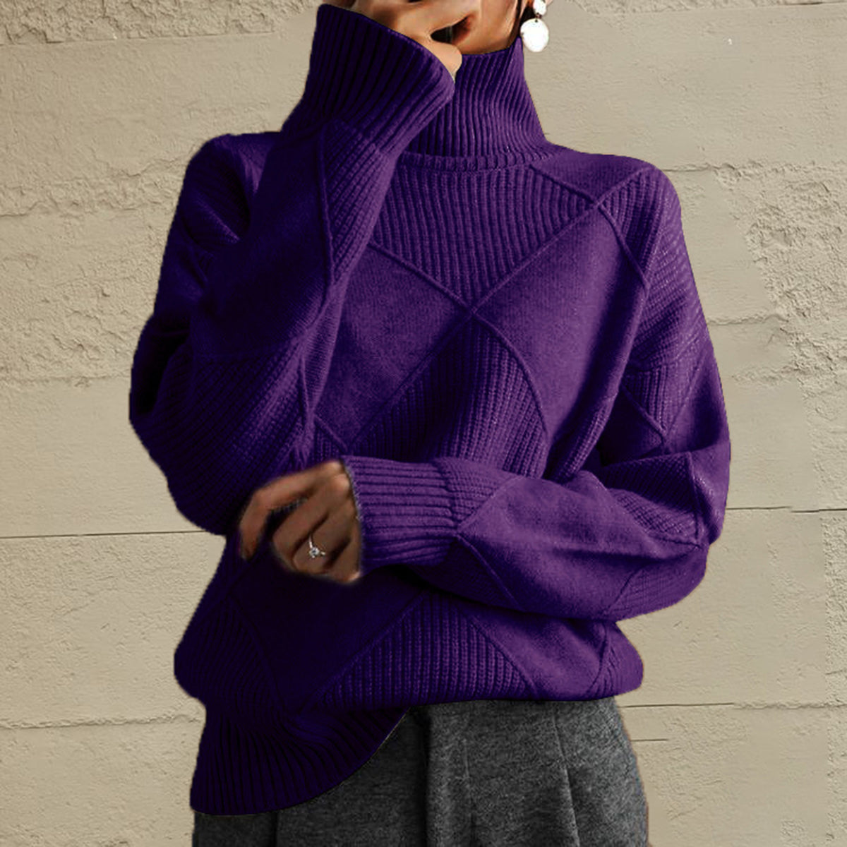 Geometric Turtleneck Long Sleeve Sweater - Godess Beauty  #