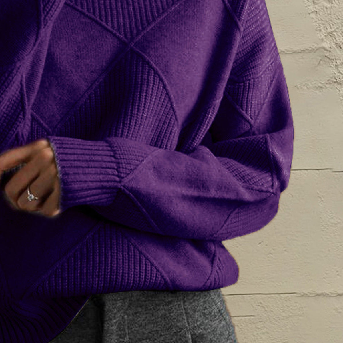 Geometric Turtleneck Long Sleeve Sweater - Godess Beauty  #