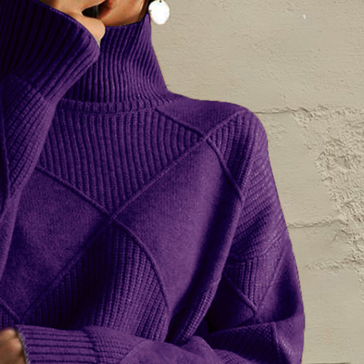 Geometric Turtleneck Long Sleeve Sweater - Godess Beauty  #