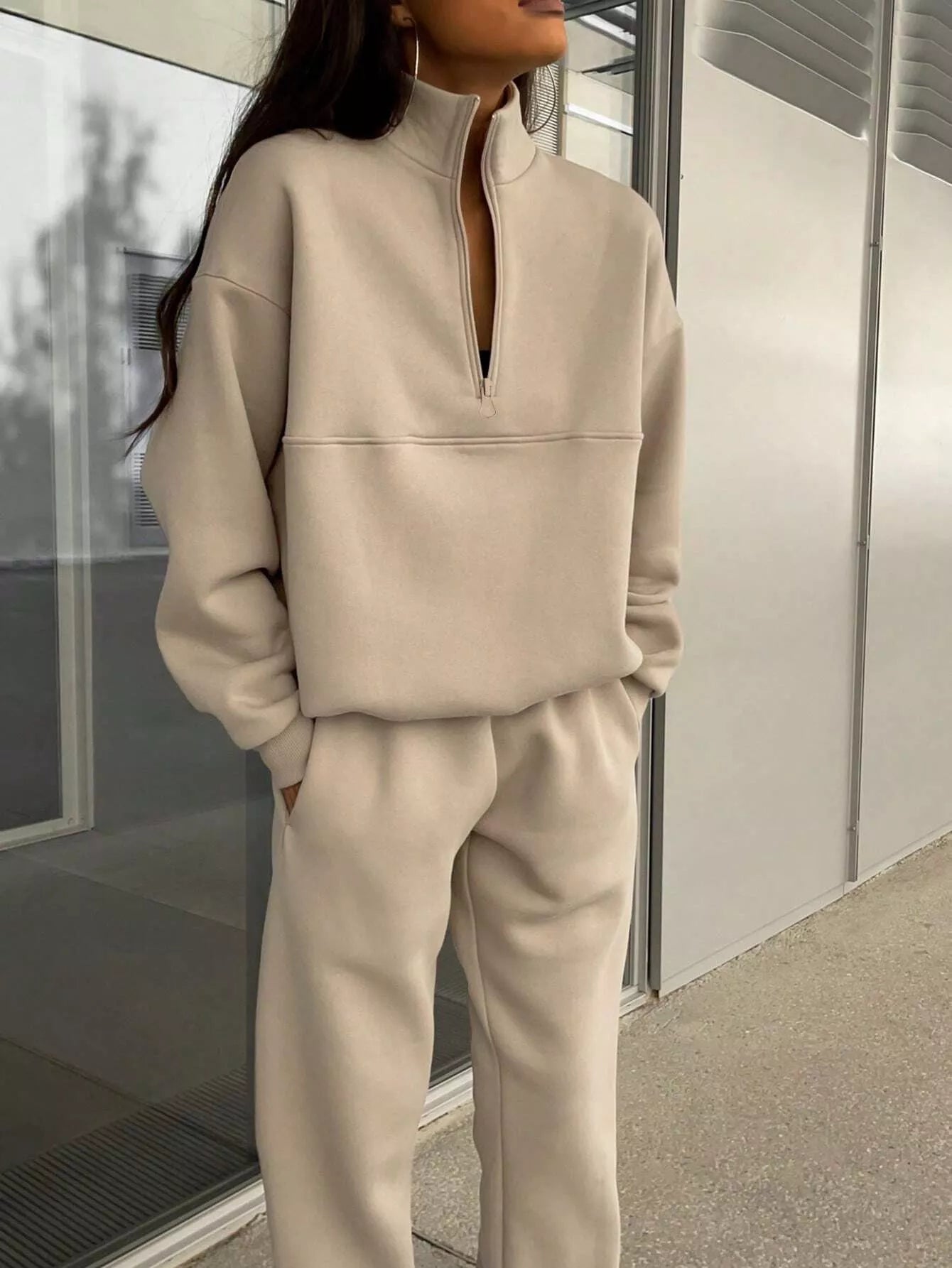 Half Zip Sweatshirt and Pants Set - Godess beauty  #