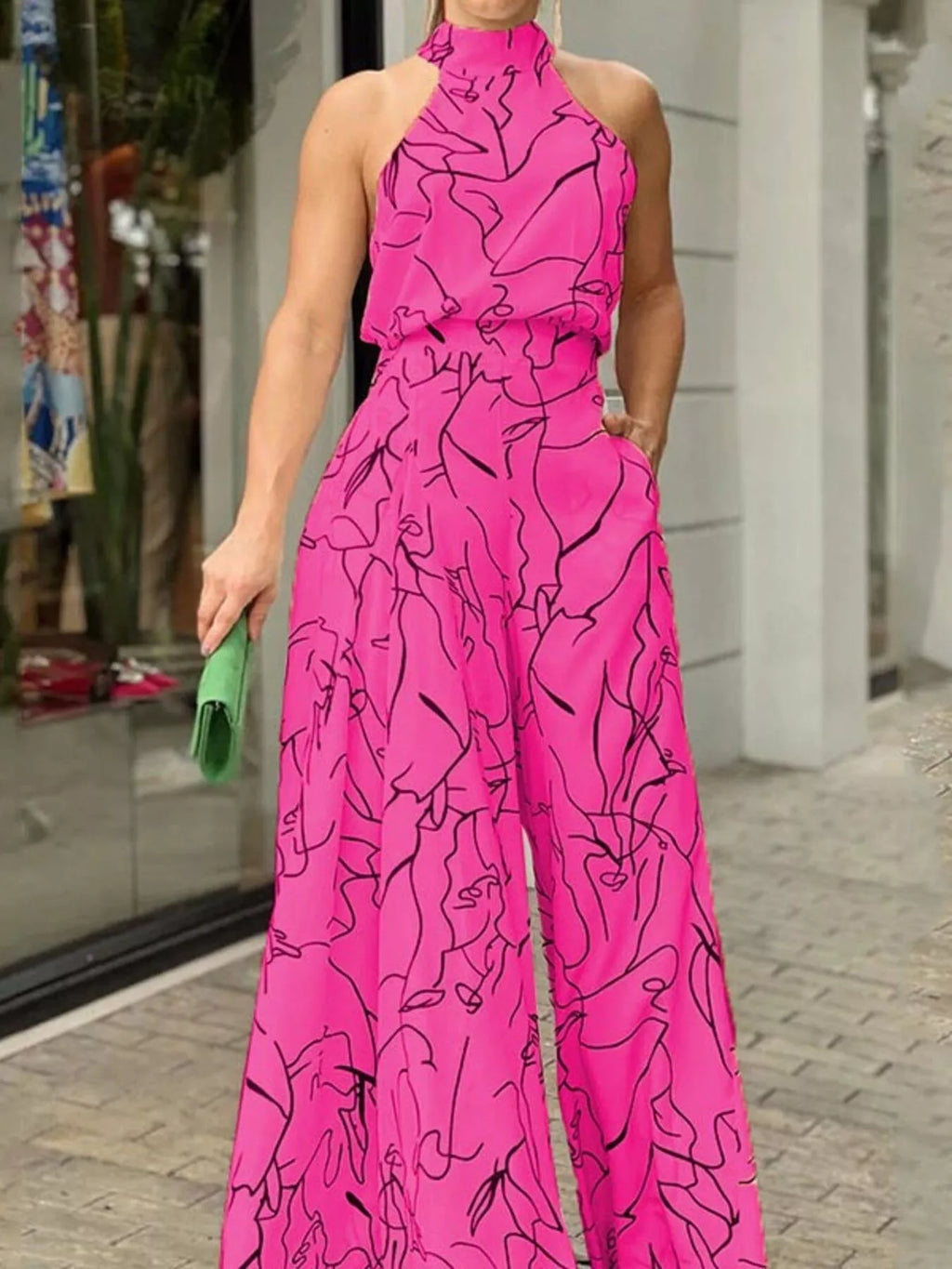 Halter Neck Abstract Print Wide Leg Jumpsuit - Godess beauty  #