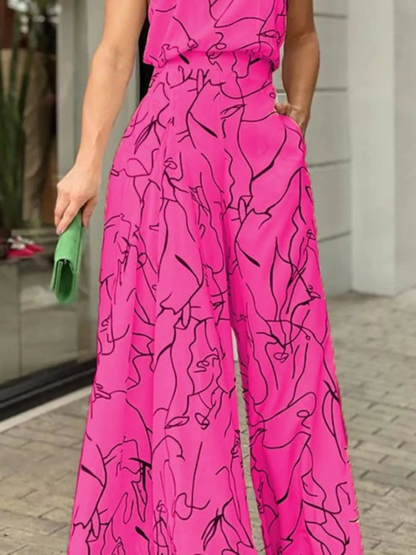 Halter Neck Abstract Print Wide Leg Jumpsuit - Godess beauty  #
