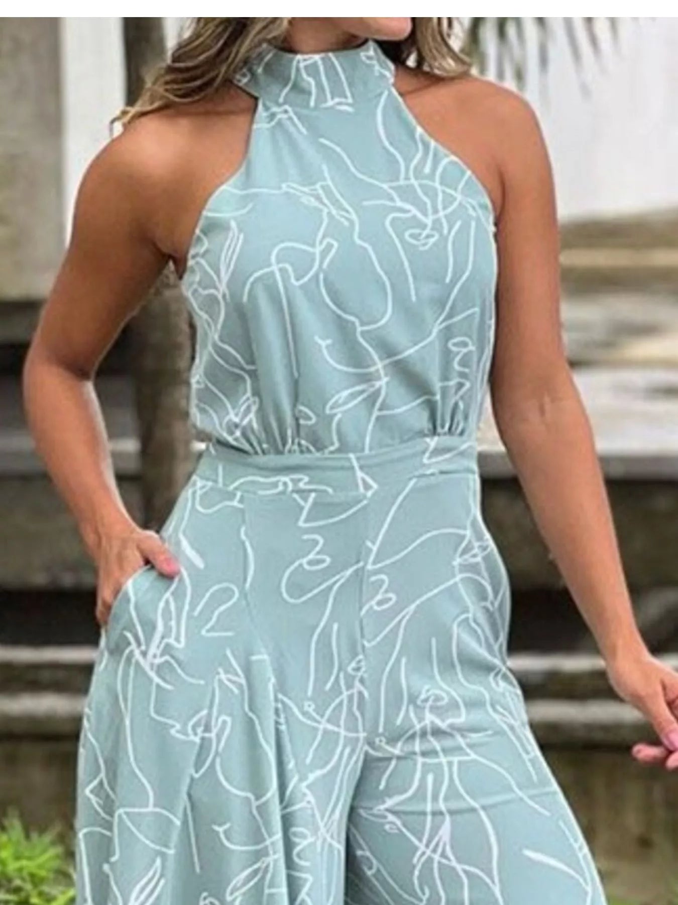 Halter Neck Abstract Print Wide Leg Jumpsuit - Godess beauty  #