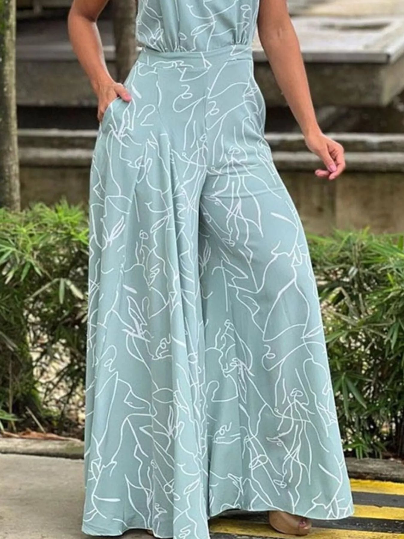 Halter Neck Abstract Print Wide Leg Jumpsuit - Godess beauty  #