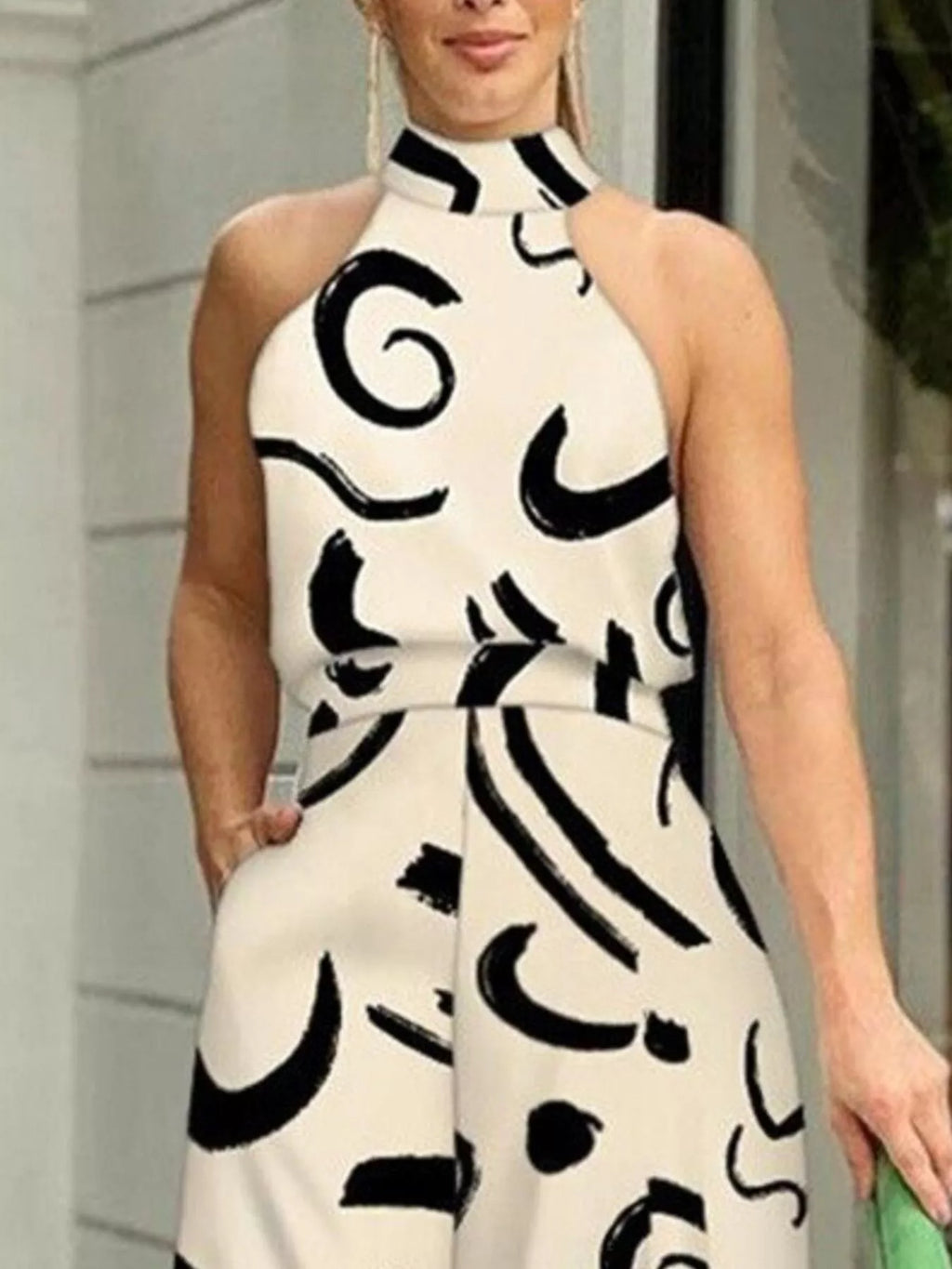 Halter Neck Abstract Print Wide Leg Jumpsuit - Godess beauty  #