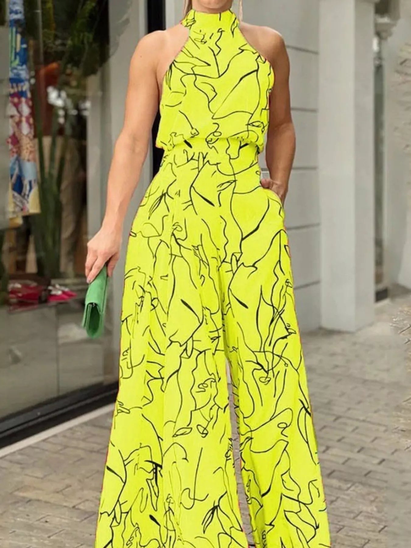 Halter Neck Abstract Print Wide Leg Jumpsuit - Godess beauty  #