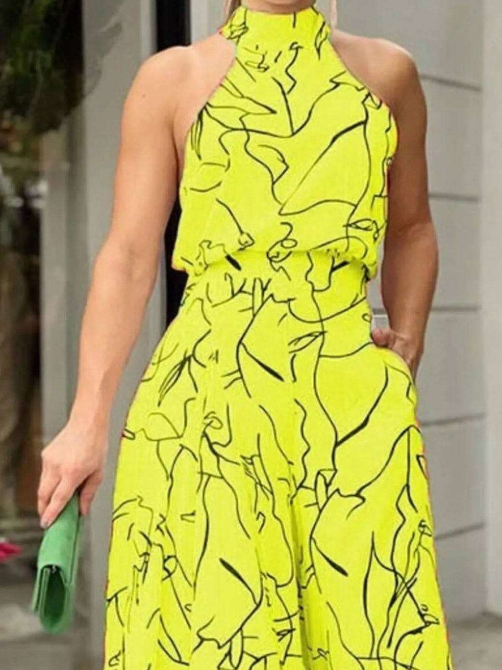 Halter Neck Abstract Print Wide Leg Jumpsuit - Godess beauty  #