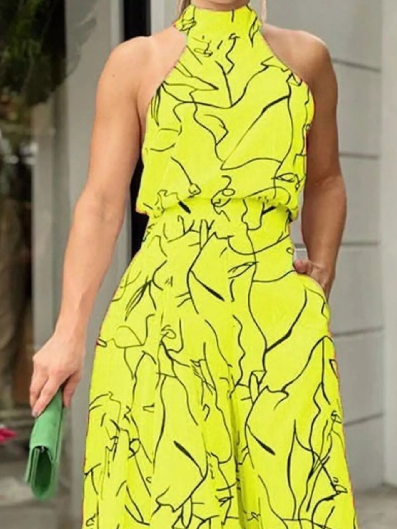 Halter Neck Abstract Print Wide Leg Jumpsuit - Godess beauty  #