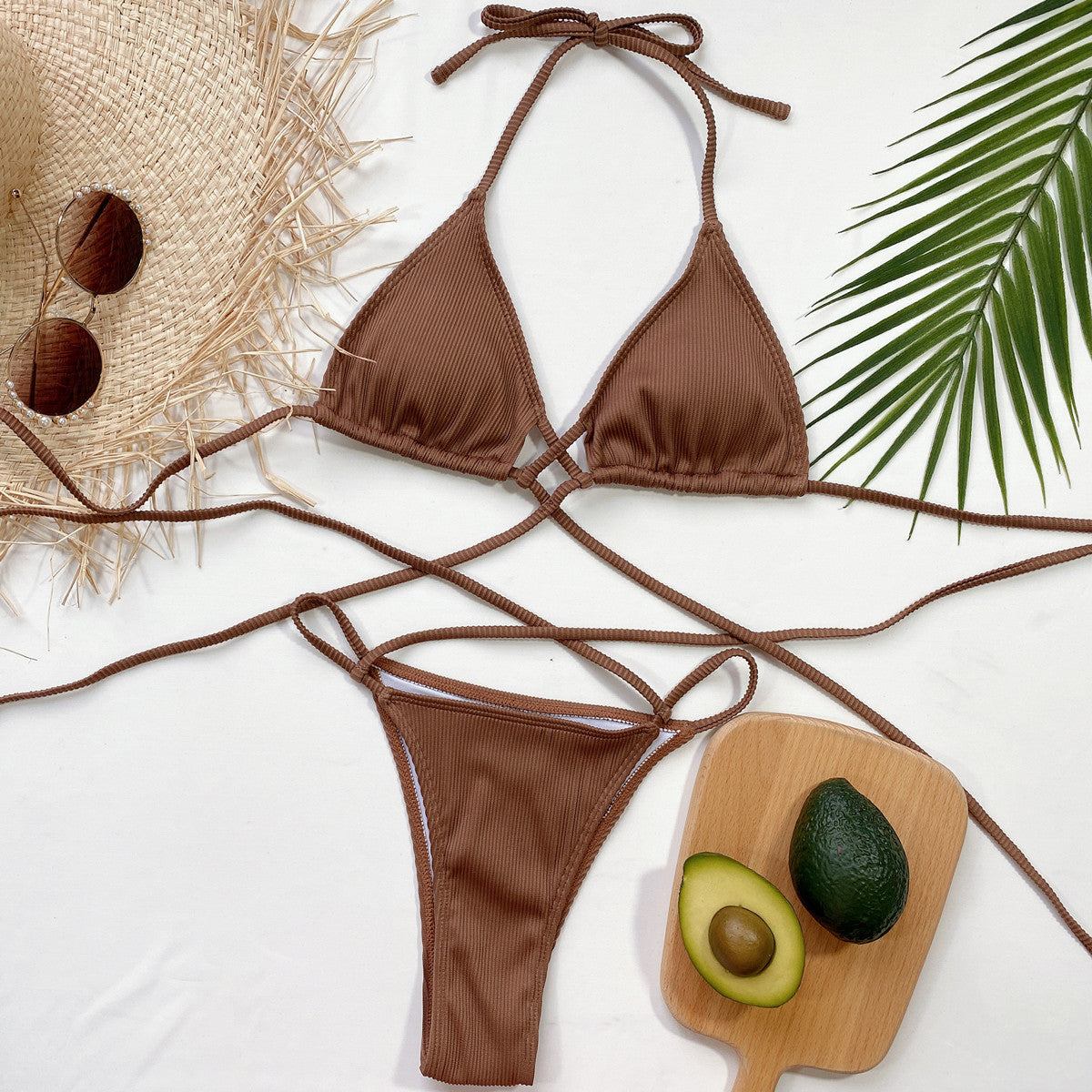 Halter Neck Crisscross Ribbed Bikini Set - Godess beauty  #