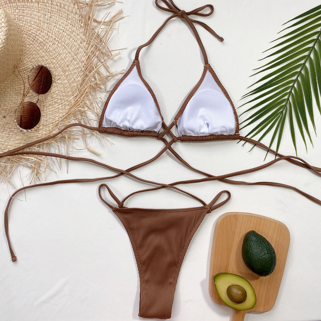 Halter Neck Crisscross Ribbed Bikini Set - Godess beauty  #