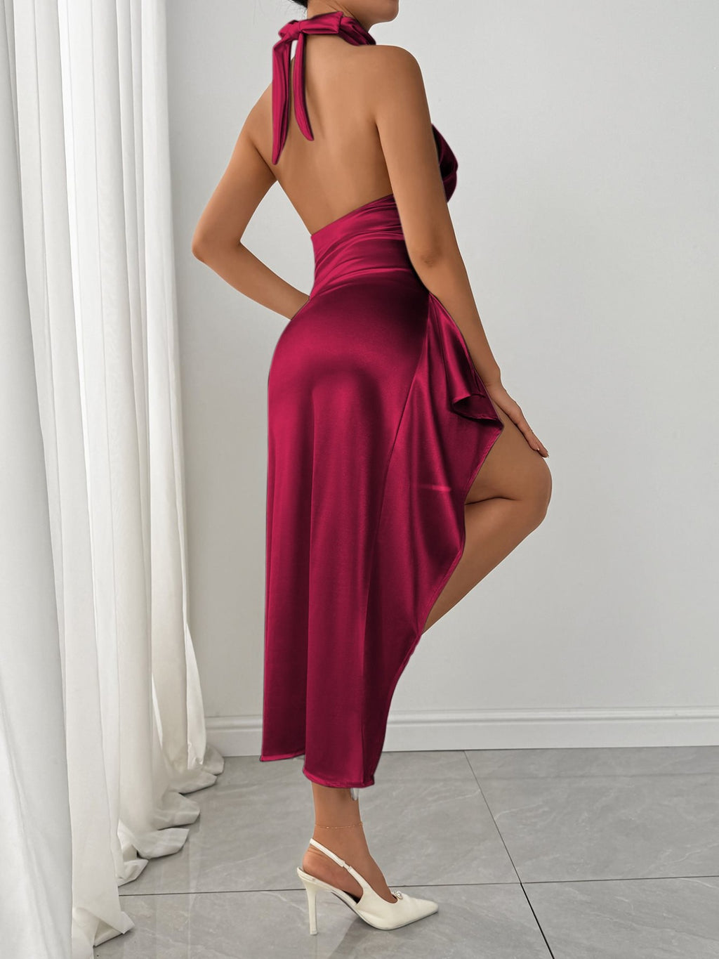 Halter neck high slit satin dress - Godess beauty  #