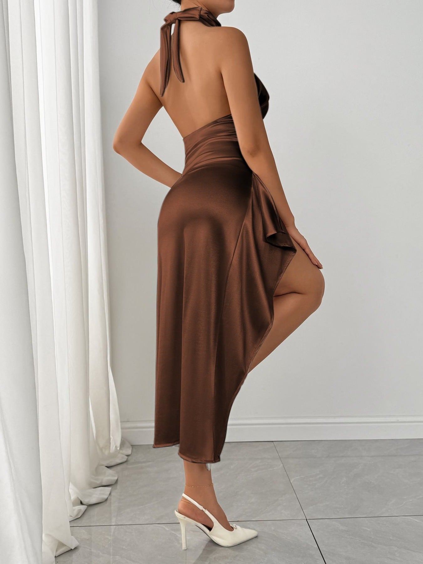 Halter neck high slit satin dress - Godess beauty  #