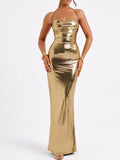 Halter neck ruched maxi dress for women - Godess beauty  #