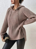 High-Low Side Slit Drawstring Long Sleeve Hooded Sweater - Godess Beauty  #