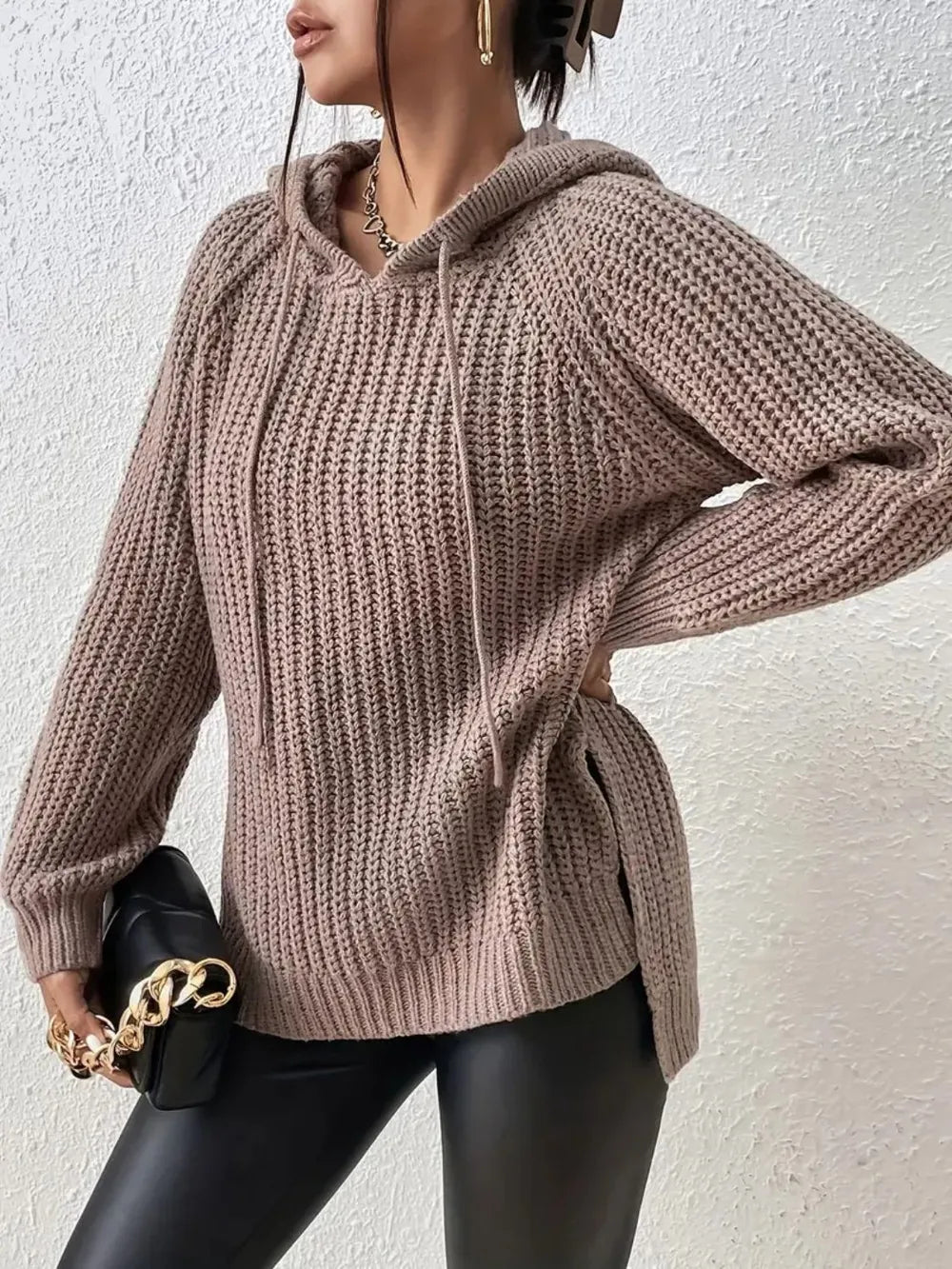 High-Low Side Slit Drawstring Long Sleeve Hooded Sweater - Godess Beauty  #