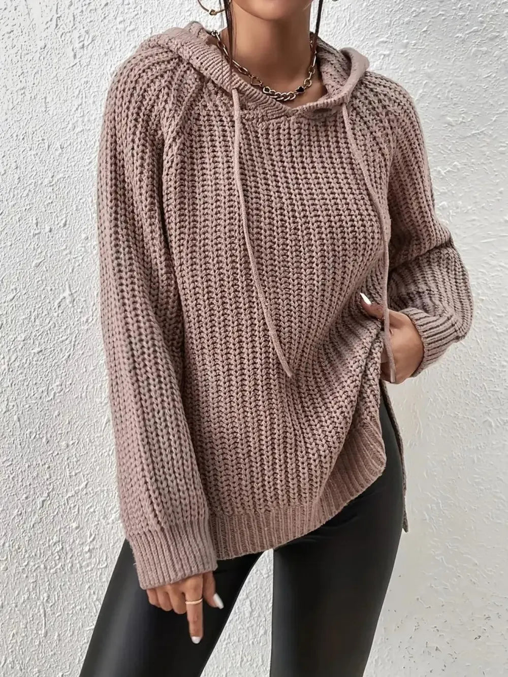 High-Low Side Slit Drawstring Long Sleeve Hooded Sweater - Godess Beauty  #