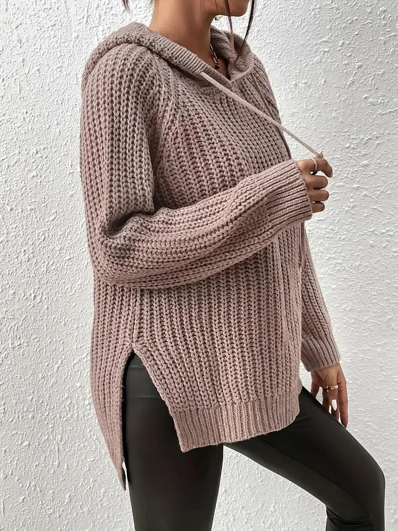 High-Low Side Slit Drawstring Long Sleeve Hooded Sweater - Godess Beauty  #