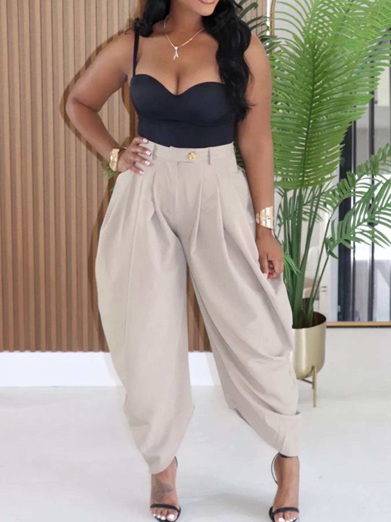High-Waisted Wide Leg Pleated Pants - Godess beauty  #