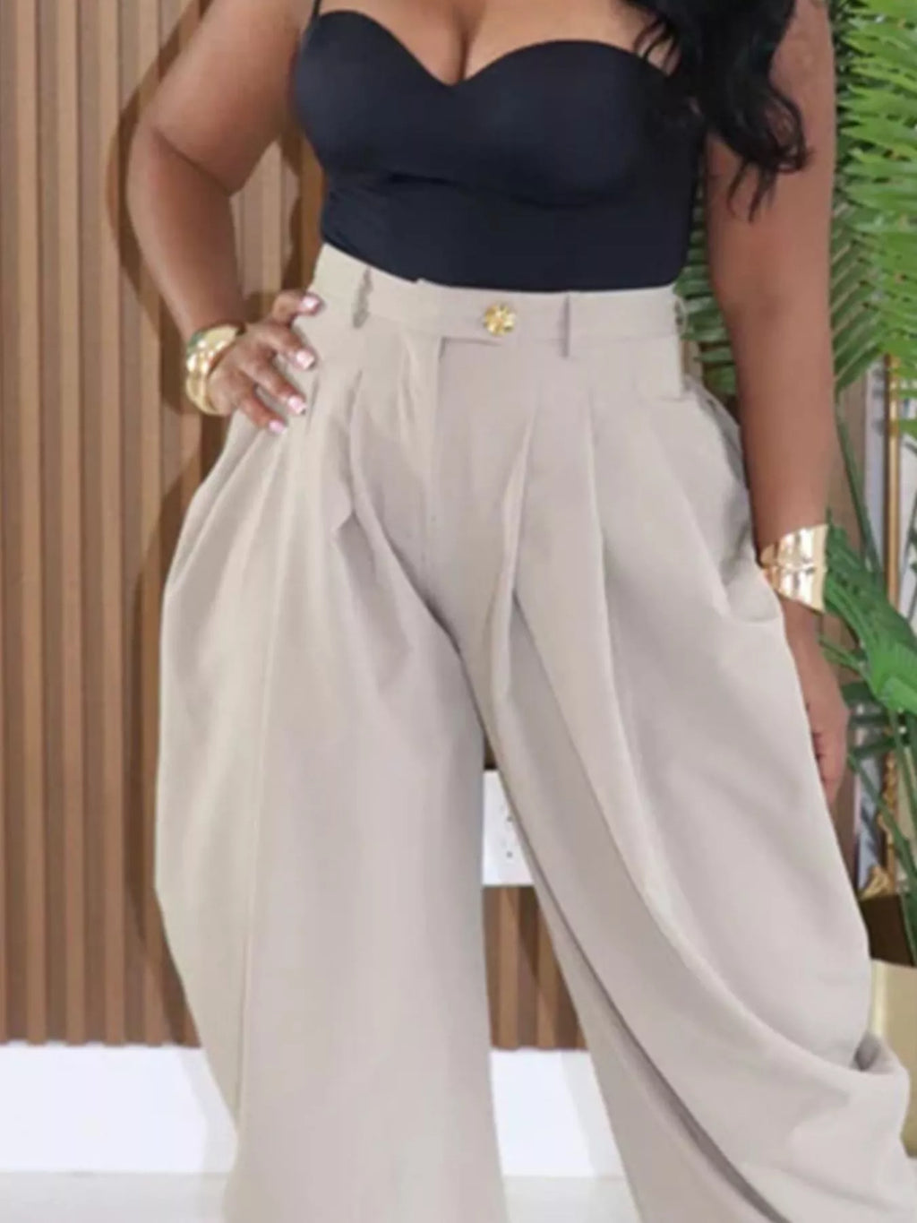 High-Waisted Wide Leg Pleated Pants - Godess beauty  #