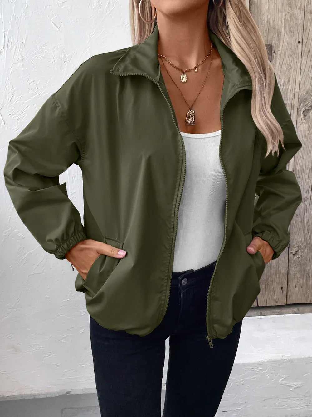 Ivy Lane Pocketed Zip Up Long Sleeve Jacket - Godess Beauty  #