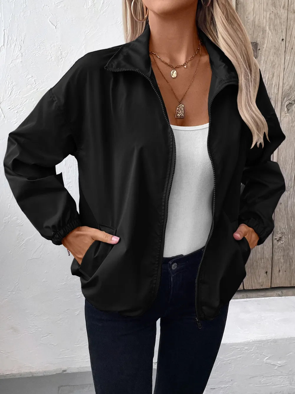 Ivy Lane Pocketed Zip Up Long Sleeve Jacket - Godess Beauty  #