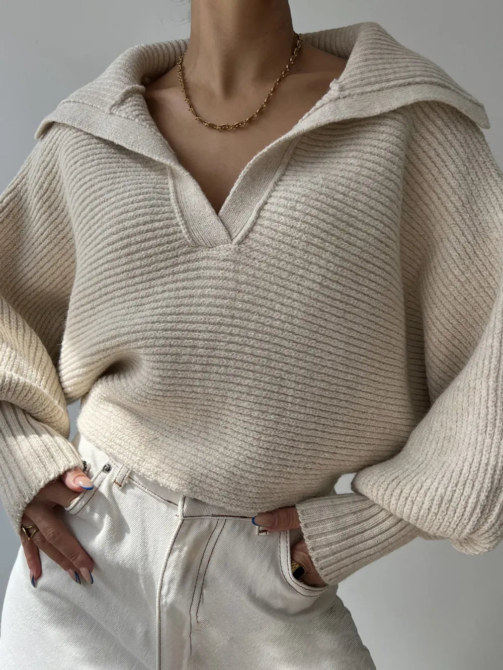 Johnny Collar Long Sleeve Sweater - Godess Beauty  #
