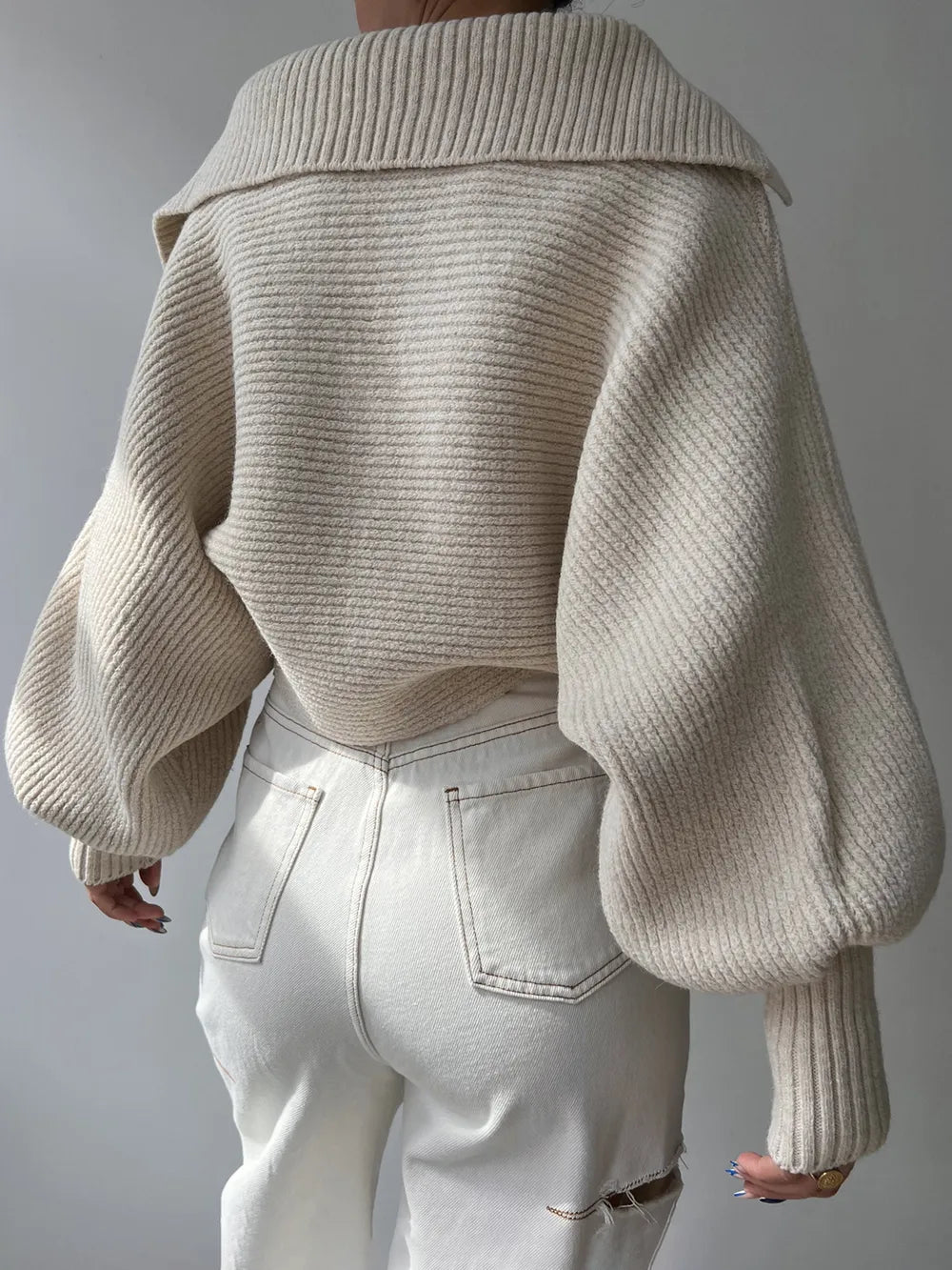 Johnny Collar Long Sleeve Sweater - Godess Beauty  #
