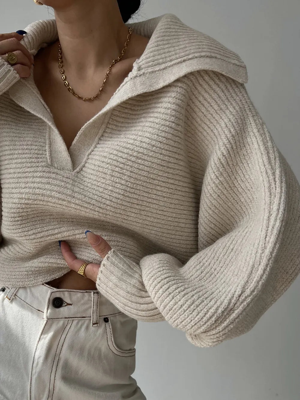 Johnny Collar Long Sleeve Sweater - Godess Beauty  #