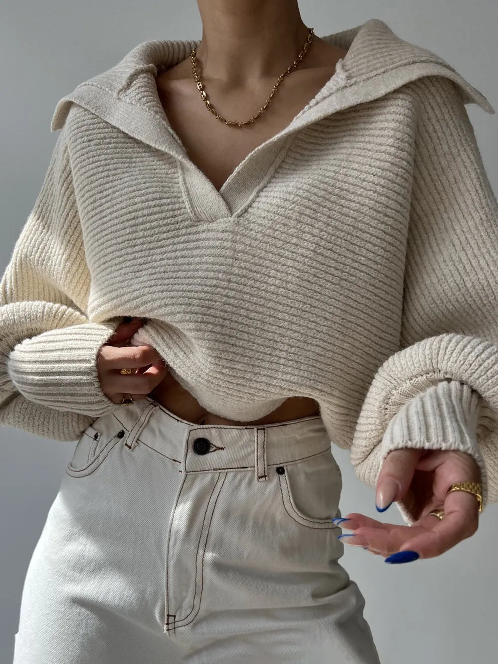 Johnny Collar Long Sleeve Sweater - Godess Beauty  #