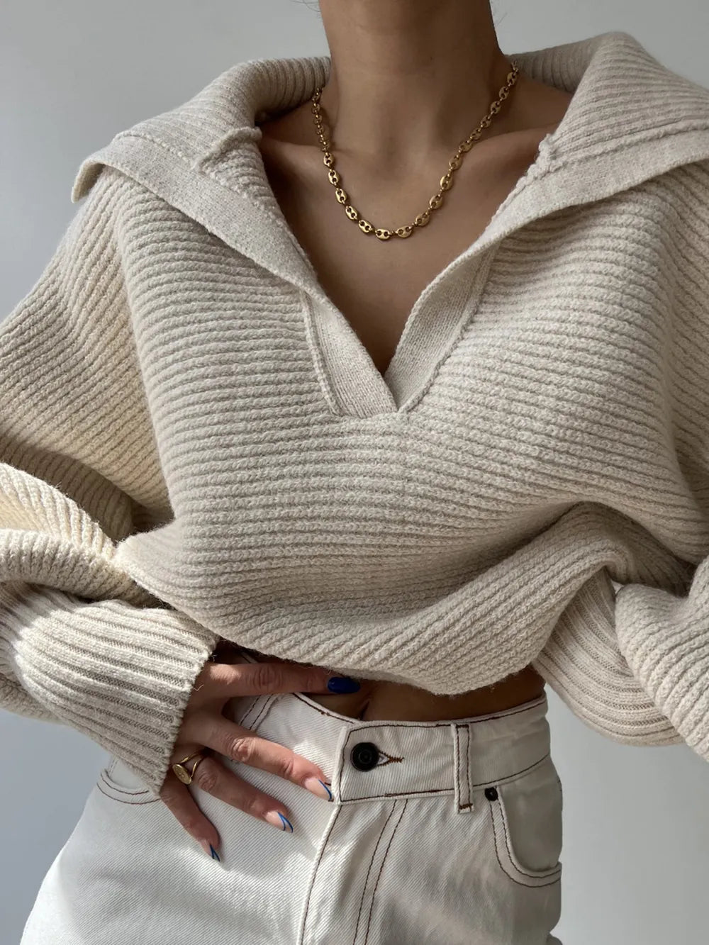 Johnny Collar Long Sleeve Sweater - Godess Beauty  #