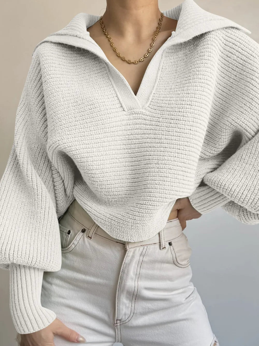 Johnny Collar Long Sleeve Sweater - Godess Beauty  #