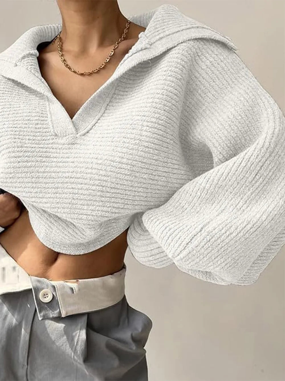Johnny Collar Long Sleeve Sweater - Godess Beauty  #