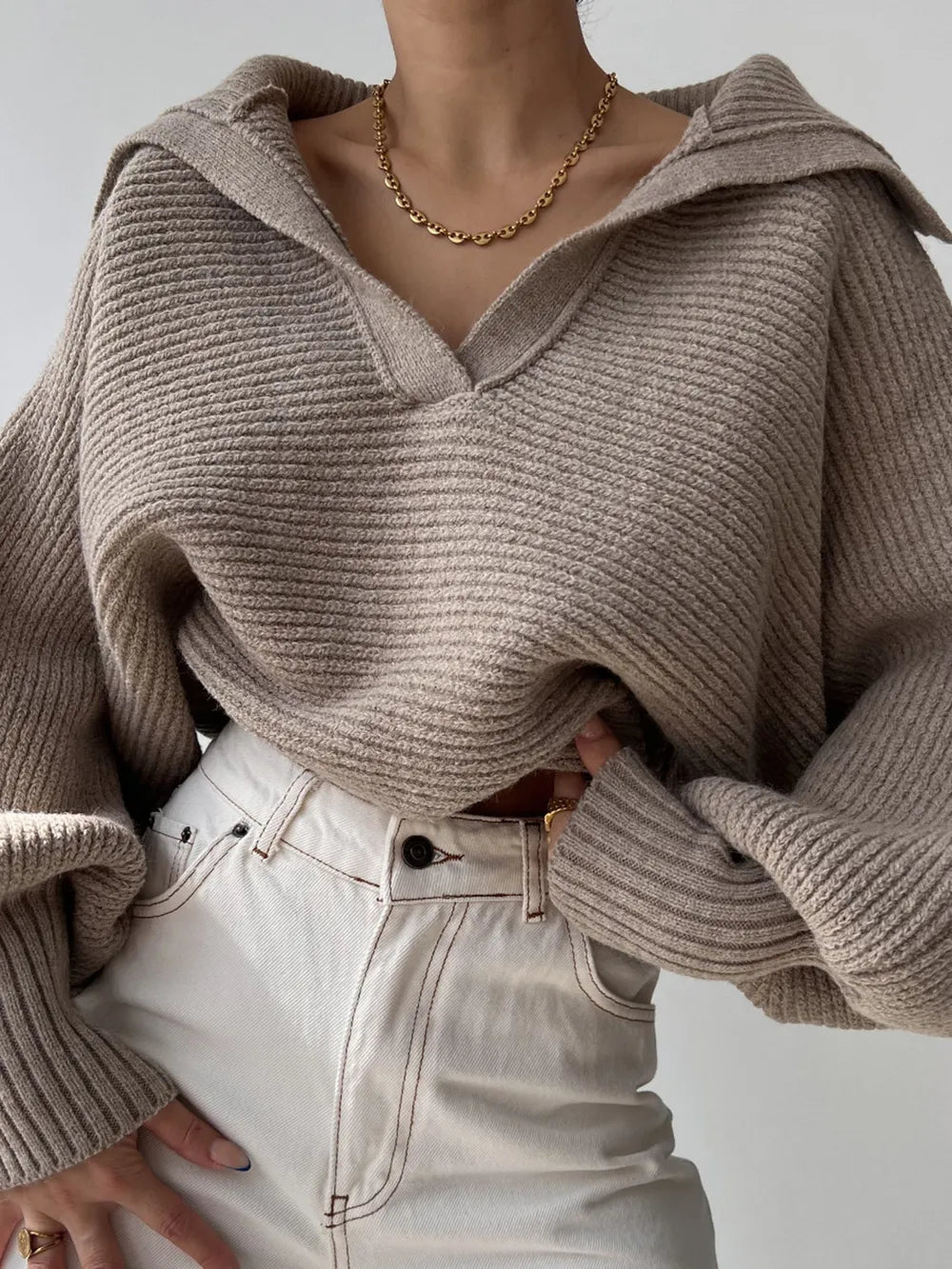 Johnny Collar Long Sleeve Sweater - Godess Beauty  #