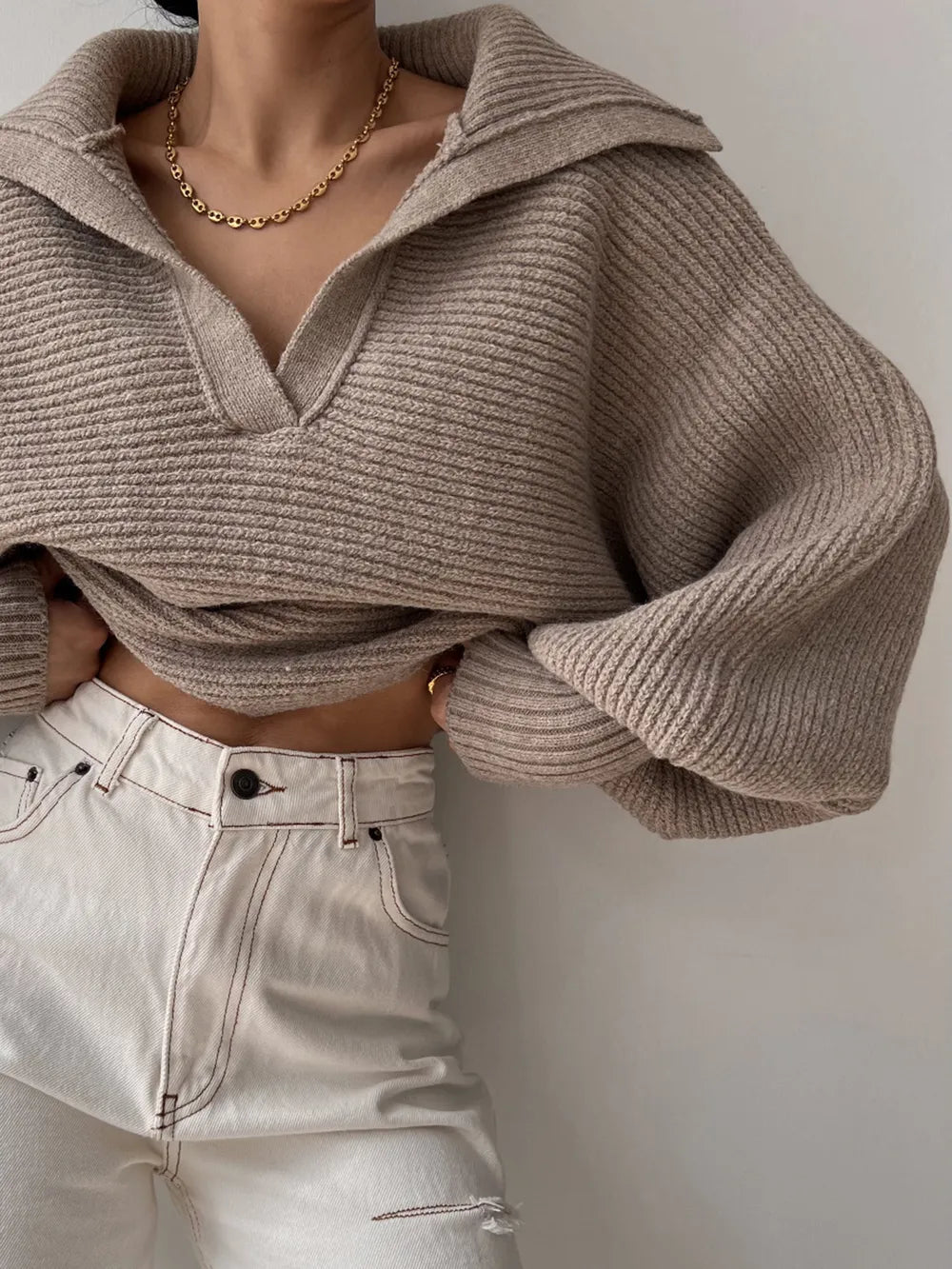 Johnny Collar Long Sleeve Sweater - Godess Beauty  #