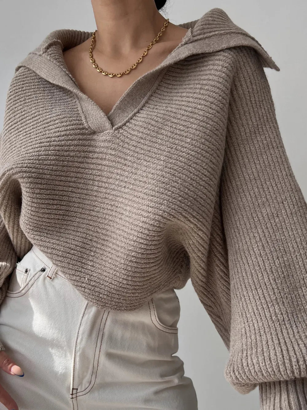 Johnny Collar Long Sleeve Sweater - Godess Beauty  #