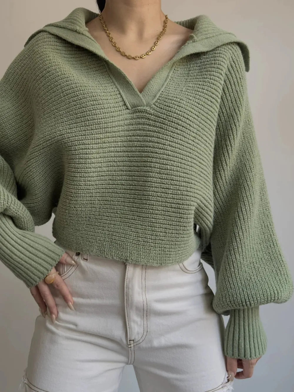 Johnny Collar Long Sleeve Sweater - Godess Beauty  #