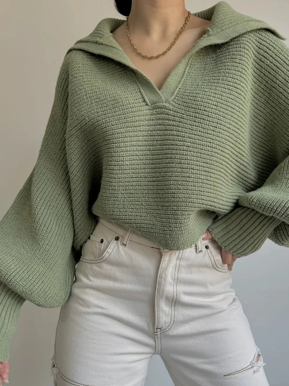 Johnny Collar Long Sleeve Sweater - Godess Beauty  #