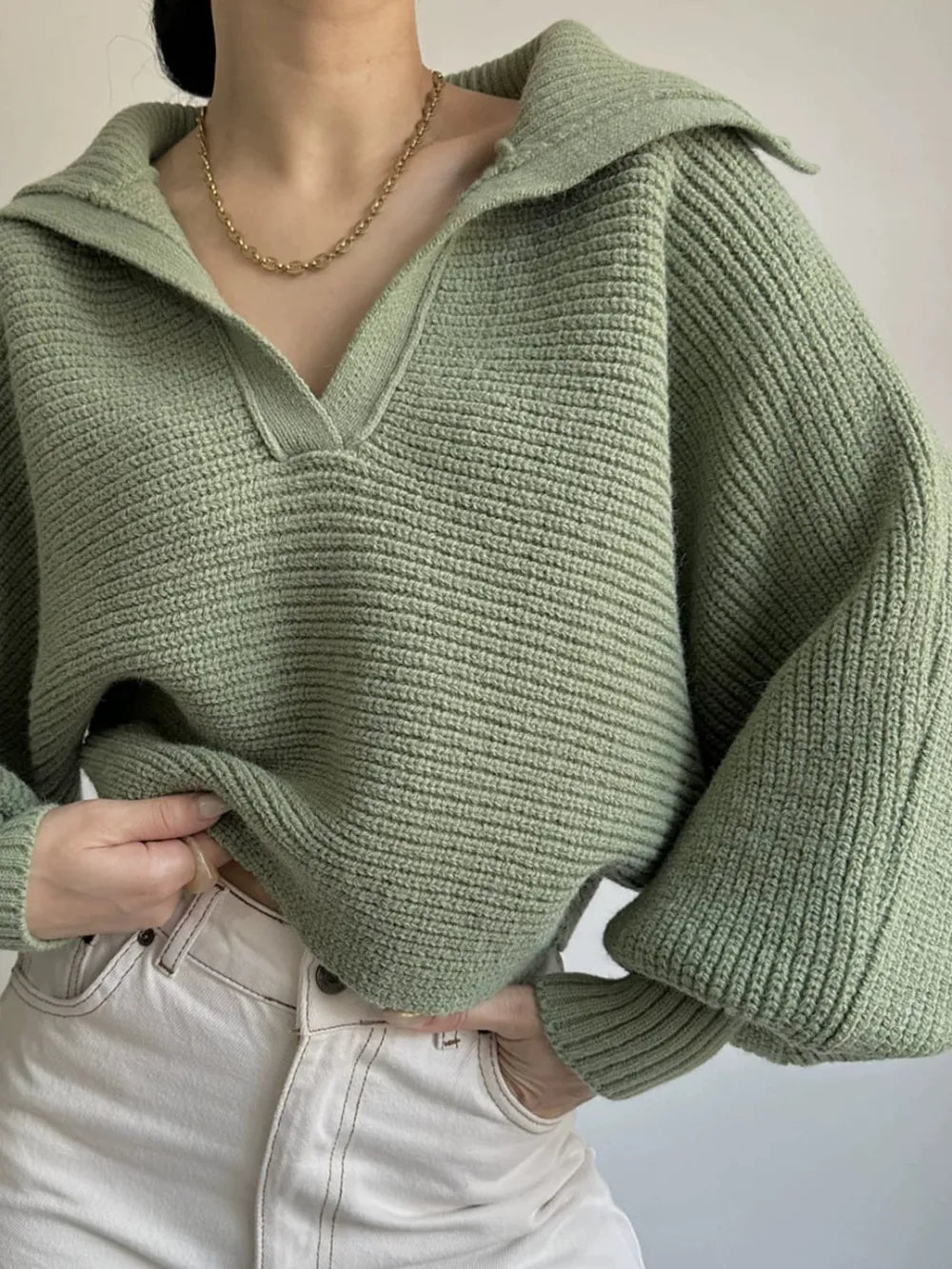Johnny Collar Long Sleeve Sweater - Godess Beauty  #