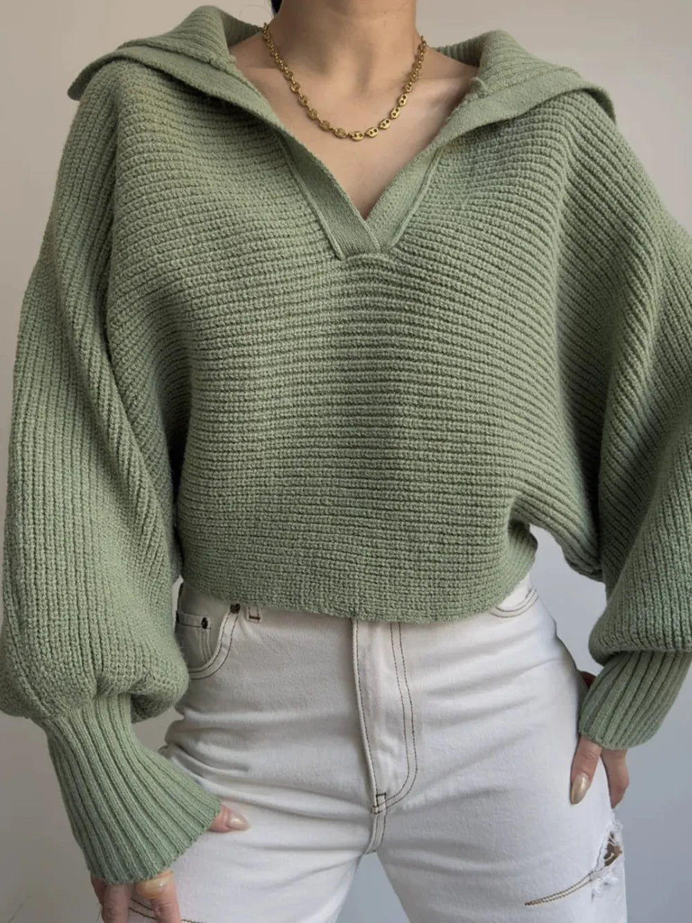 Johnny Collar Long Sleeve Sweater - Godess Beauty  #
