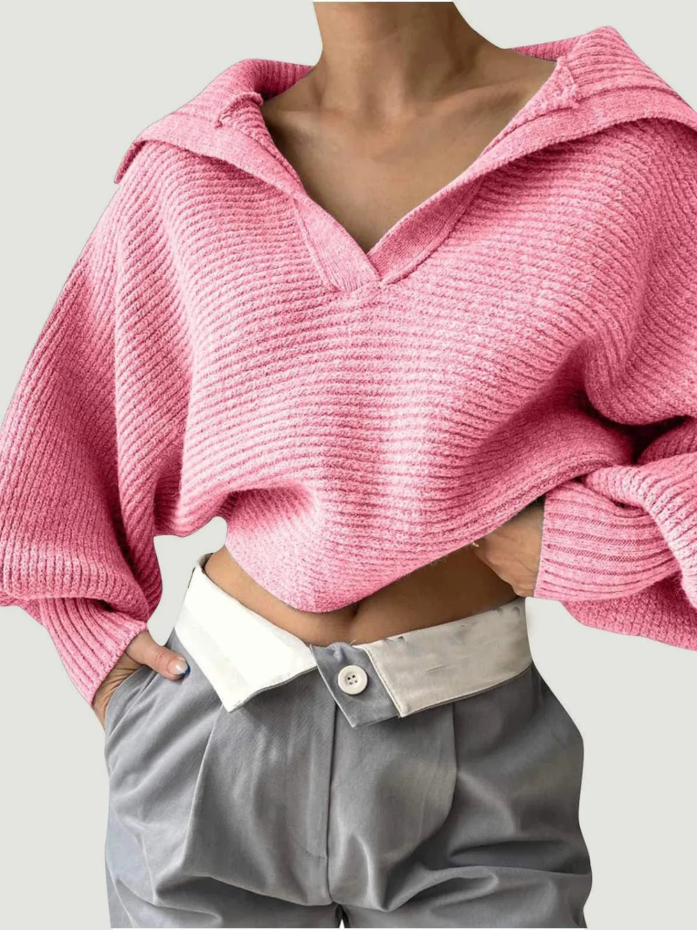 Johnny Collar Long Sleeve Sweater - Godess Beauty  #