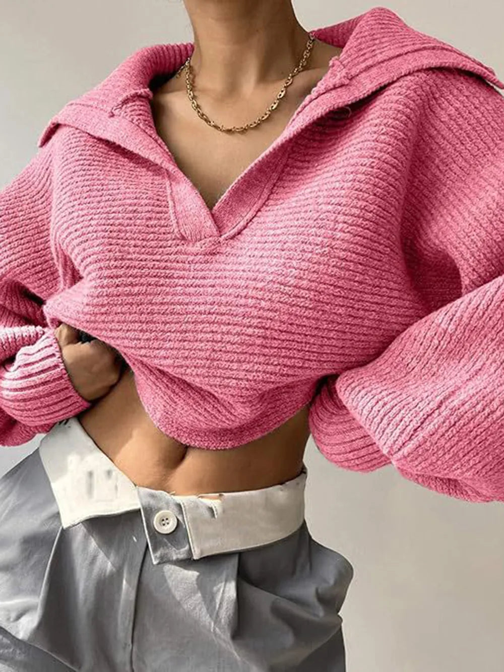 Johnny Collar Long Sleeve Sweater - Godess Beauty  #