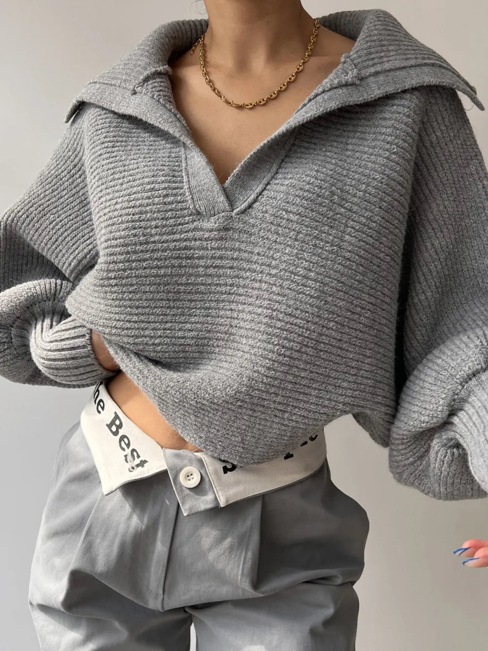 Johnny Collar Long Sleeve Sweater - Godess Beauty  #