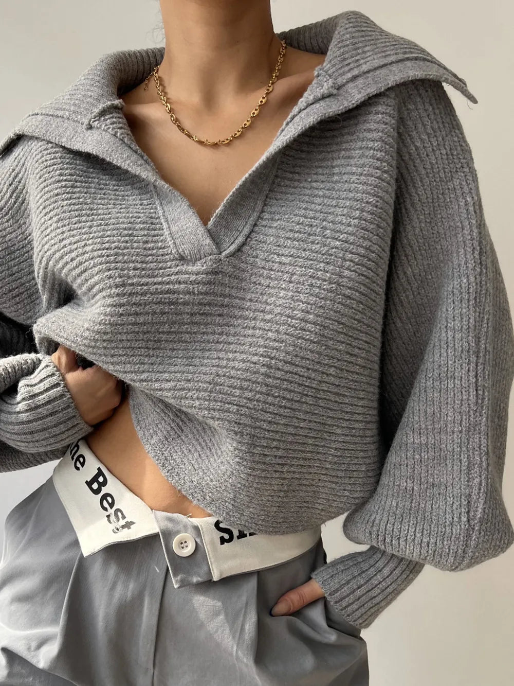 Johnny Collar Long Sleeve Sweater - Godess Beauty  #