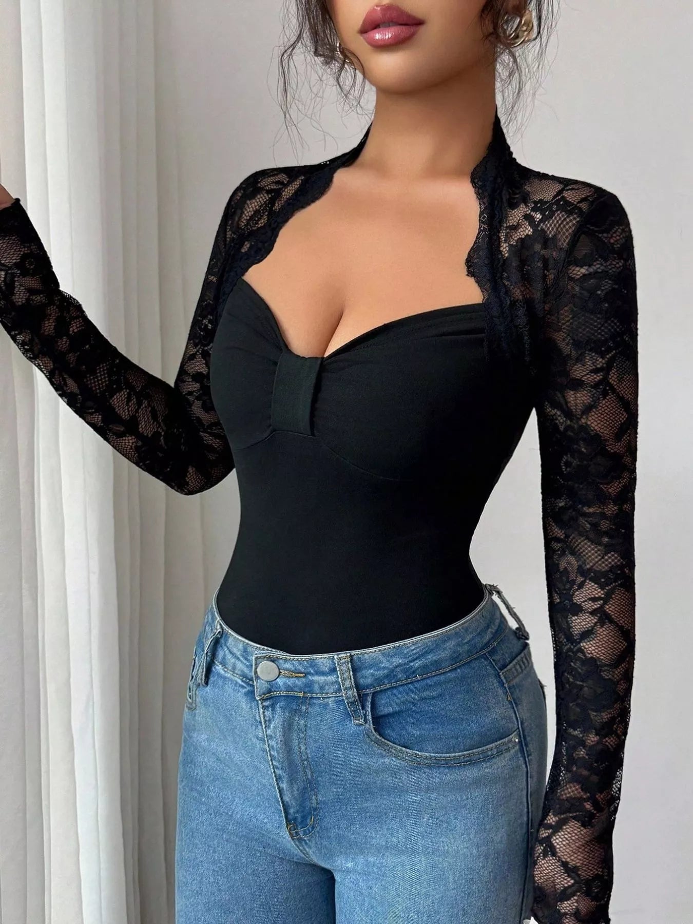 Lace Sleeve Long Sleeve T-Shirt - Godess beauty 