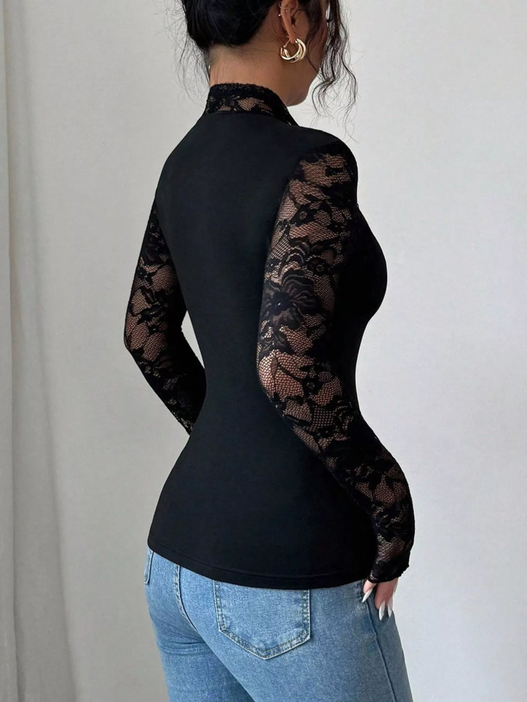 Lace Sleeve Long Sleeve T-Shirt - Godess beauty 