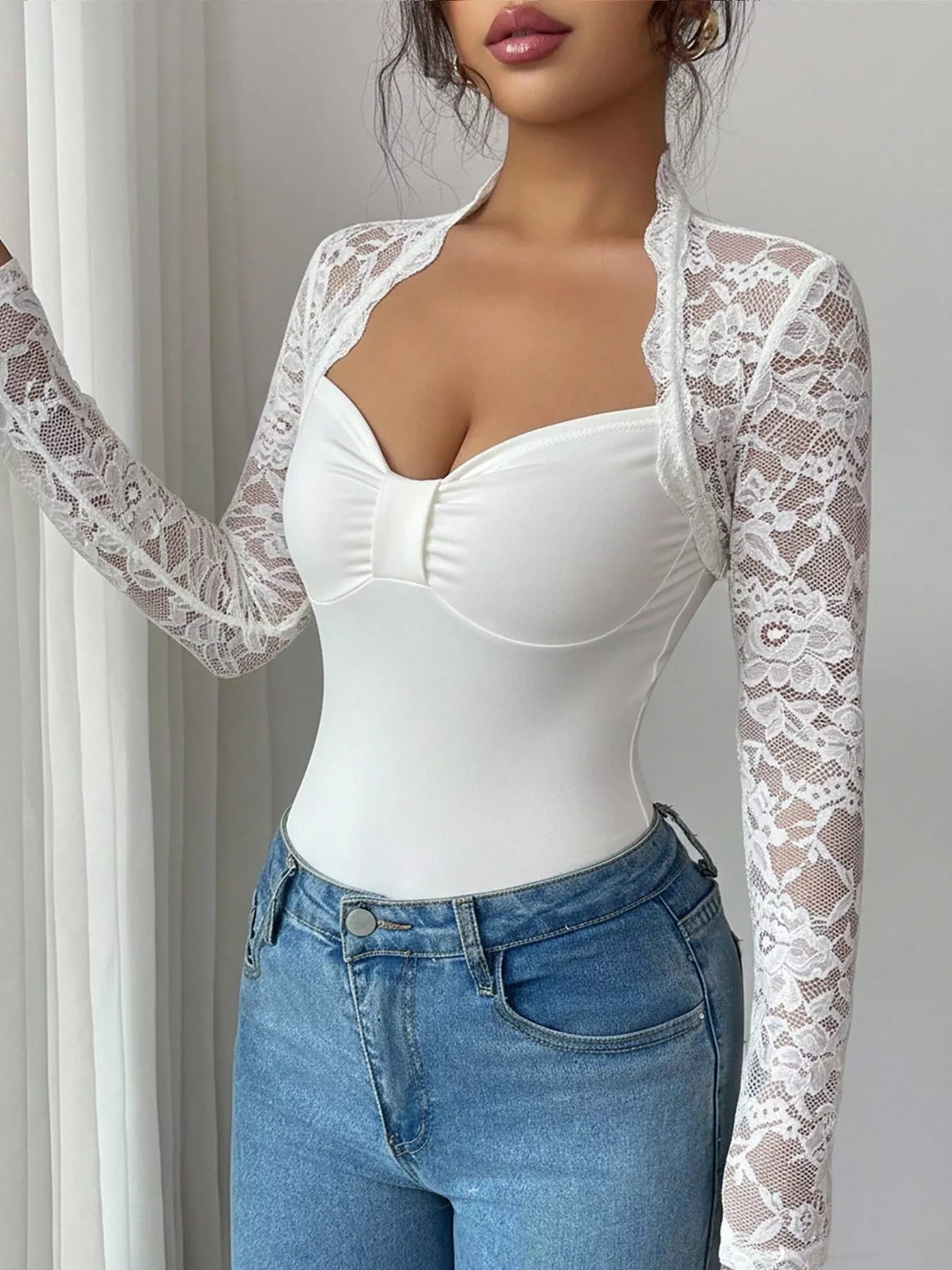 Lace Sleeve Long Sleeve T-Shirt - Godess beauty 